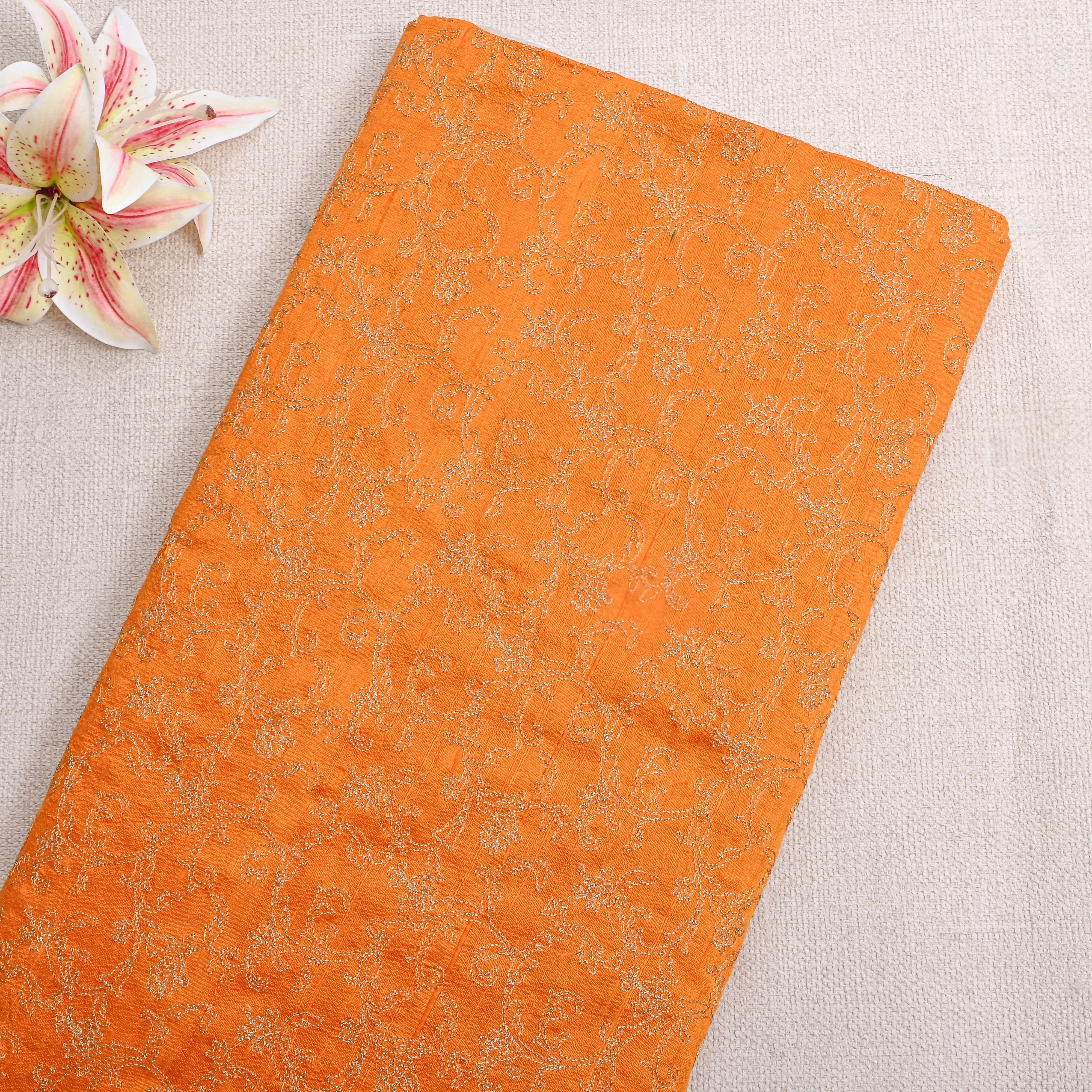 Tangerine Orange Jaal Embroidery Raw Silk Fabric
