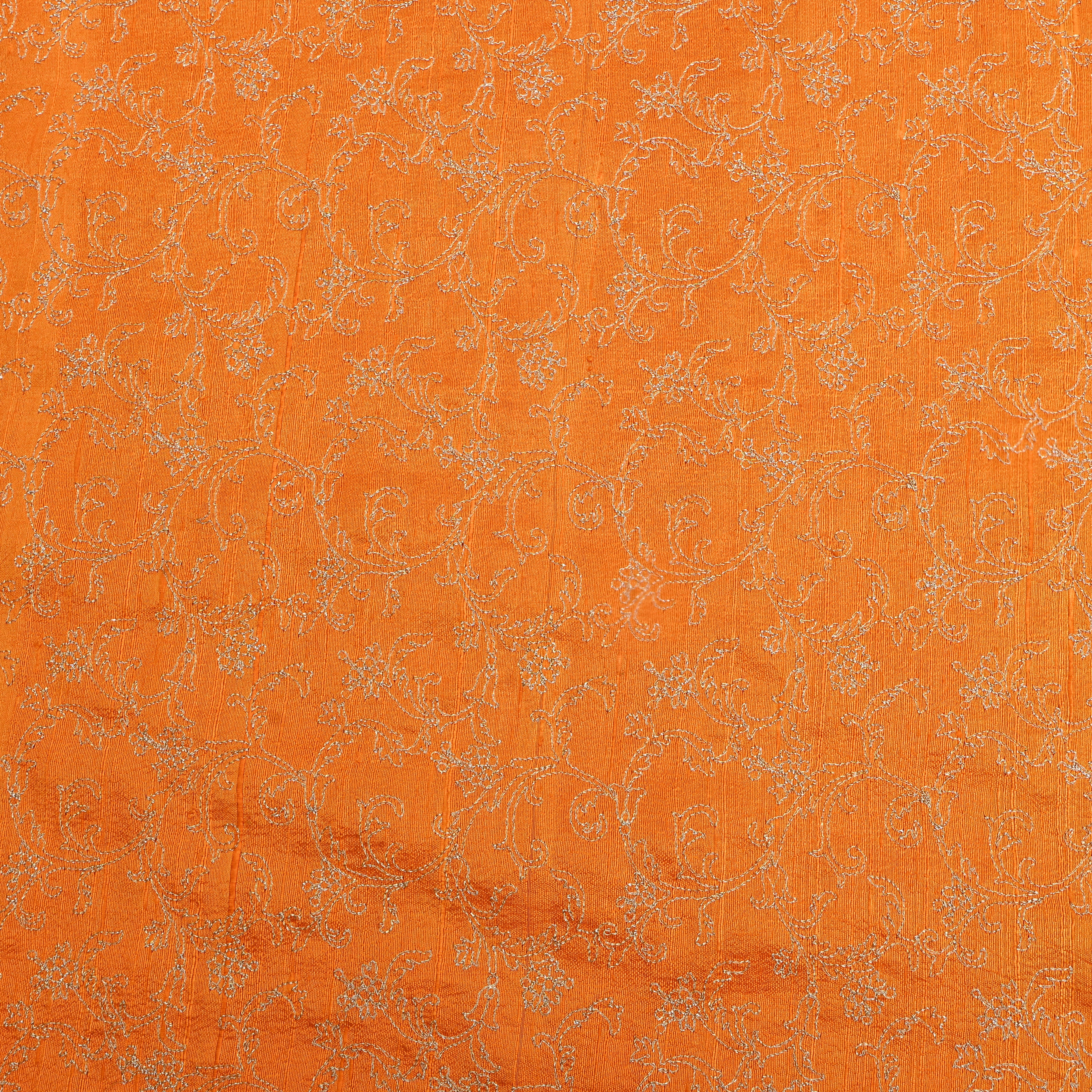 Tangerine Orange Jaal Embroidery Raw Silk Fabric