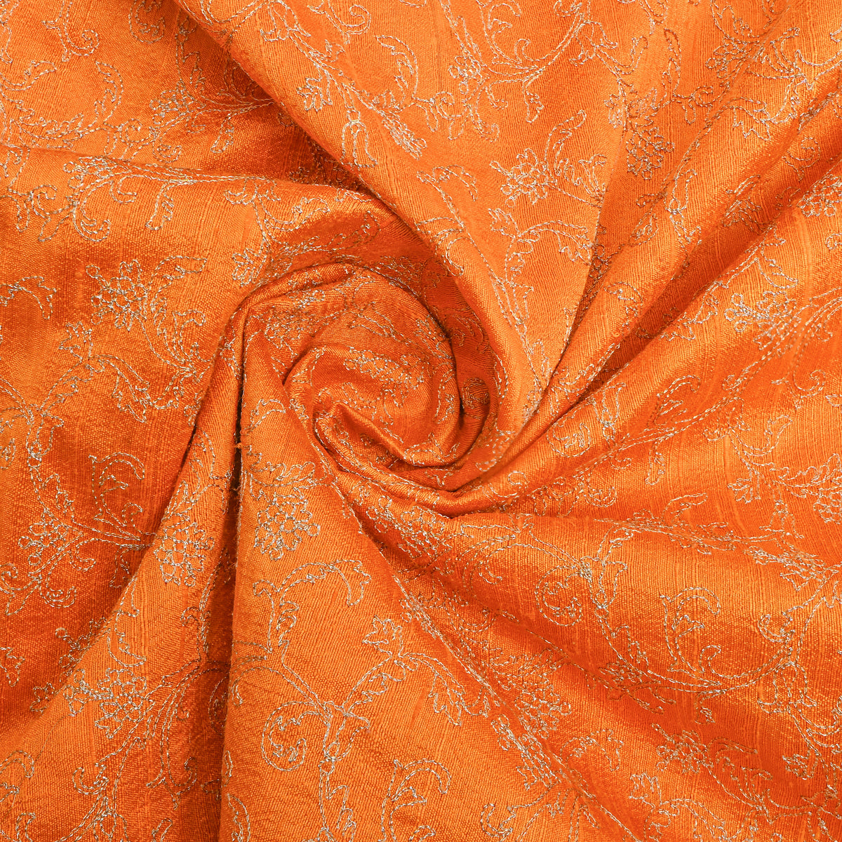Tangerine Orange Jaal Embroidery Raw Silk Fabric
