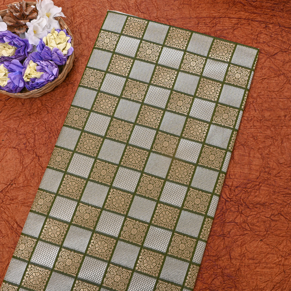 Olive Green Dual Tone Geometric Checks Jamawar Silk Fabric