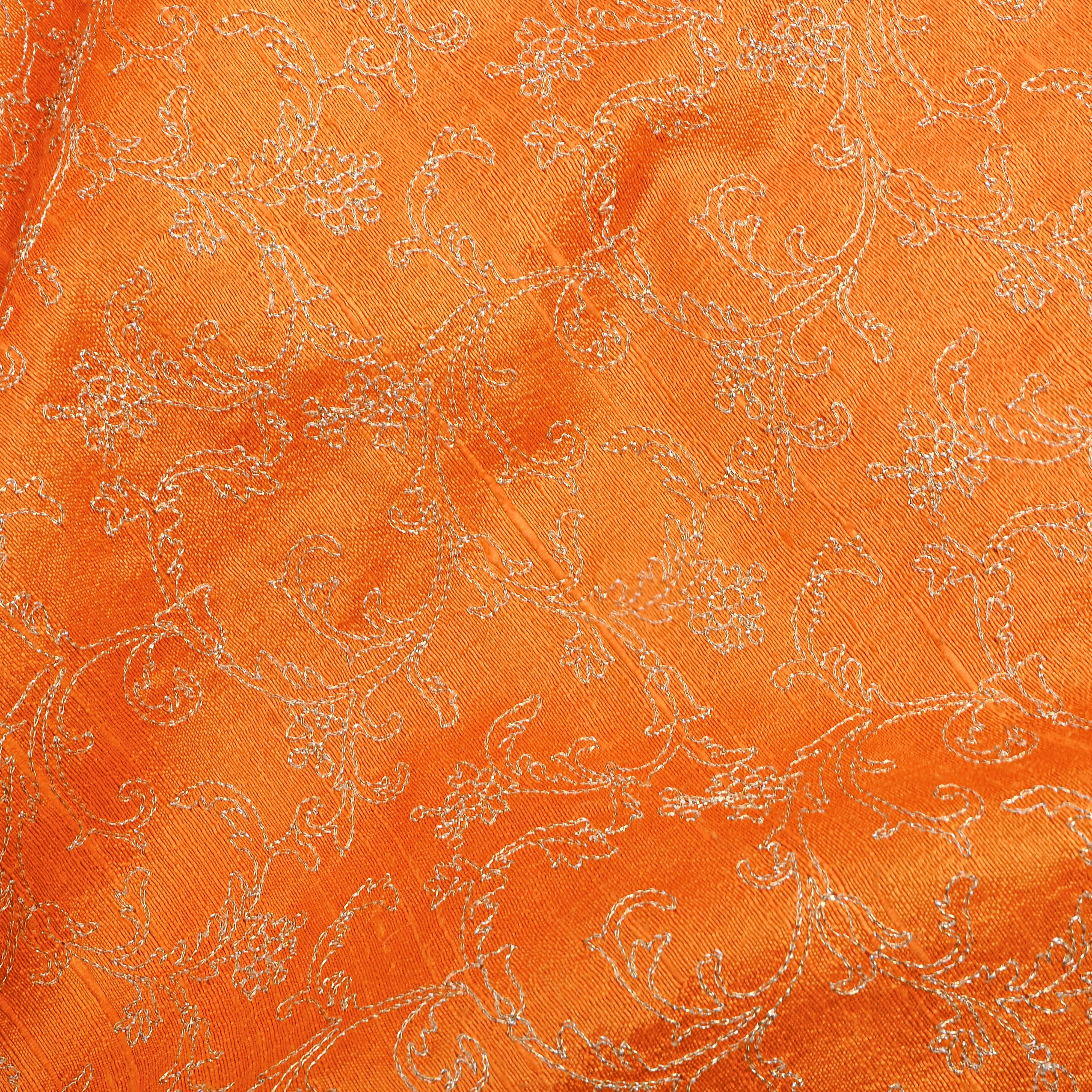 Tangerine Orange Jaal Embroidery Raw Silk Fabric