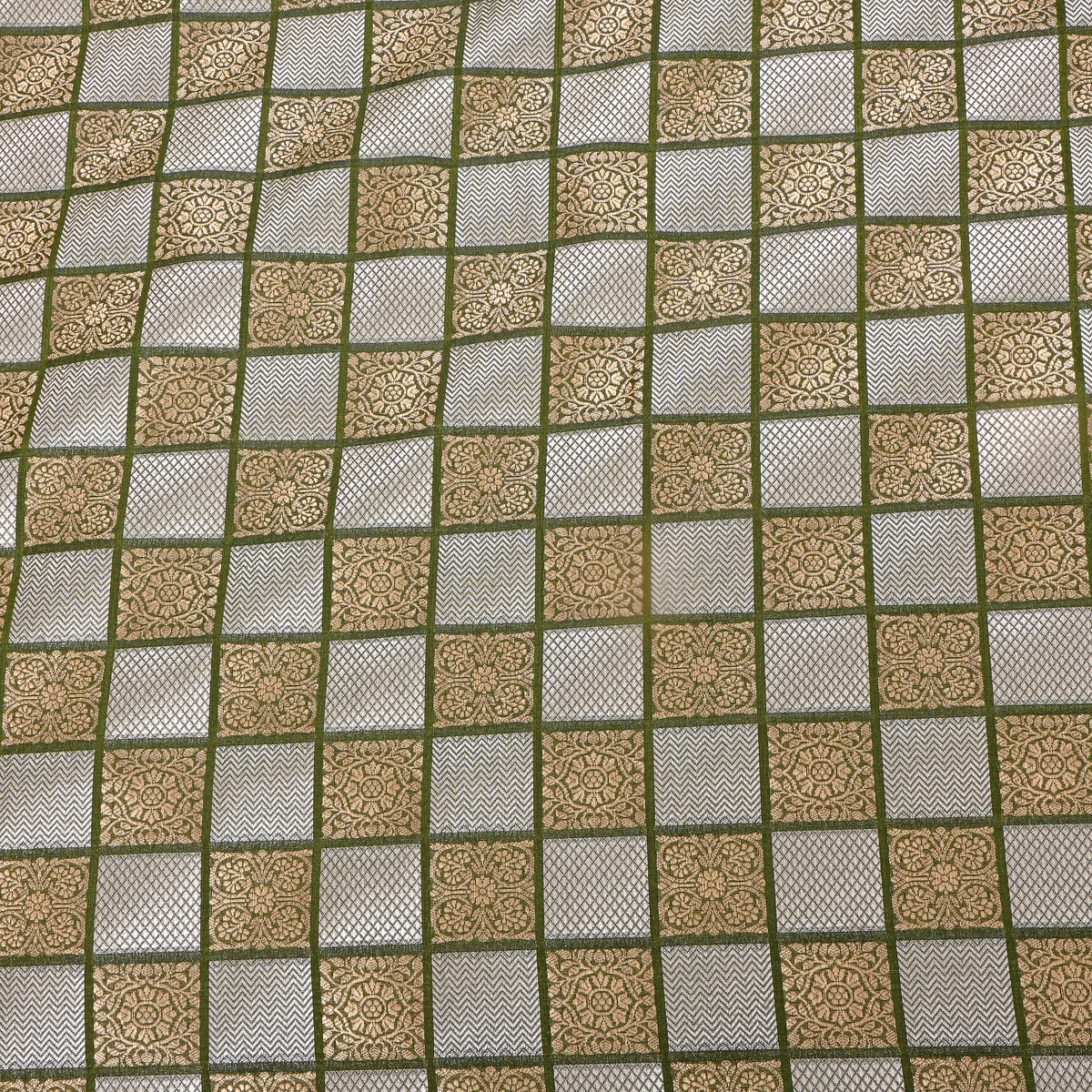 Olive Green Dual Tone Geometric Checks Jamawar Silk Fabric