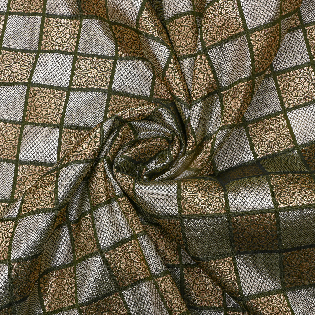 Olive Green Dual Tone Geometric Checks Jamawar Silk Fabric
