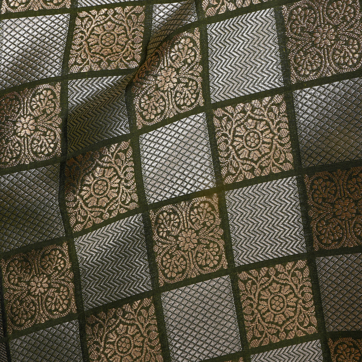 Olive Green Dual Tone Geometric Checks Jamawar Silk Fabric