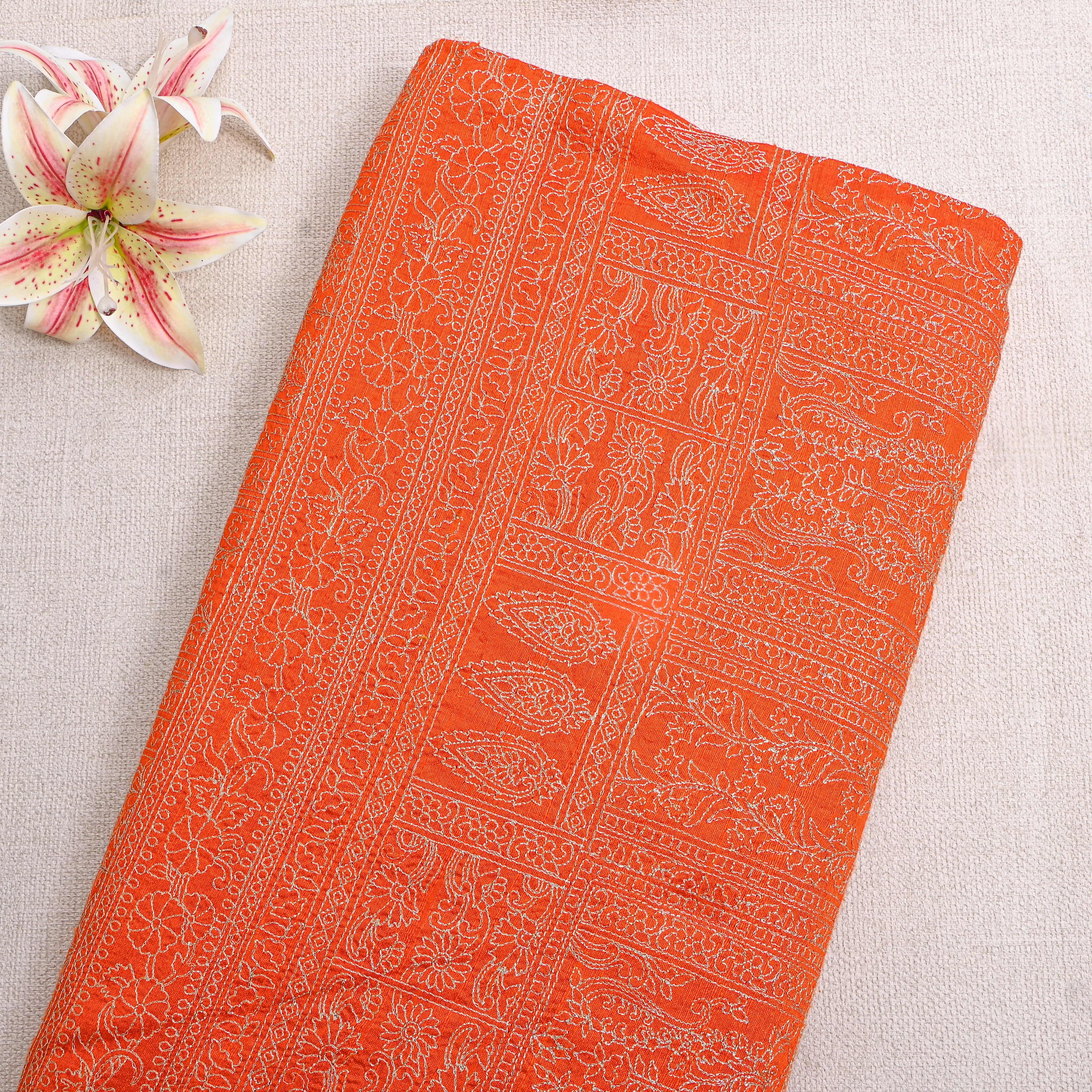 Bright Orange Raw Silk With Geometric Thread Work