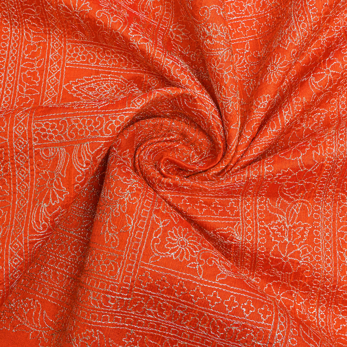 Bright Orange Raw Silk With Geometric Thread Work