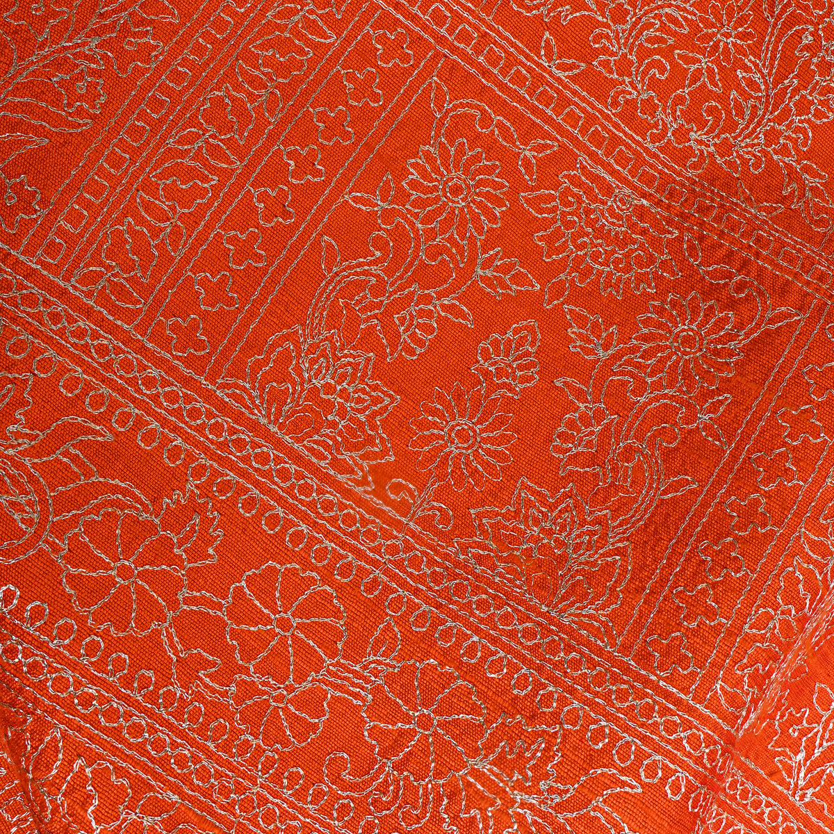 Bright Orange Raw Silk With Geometric Thread Work