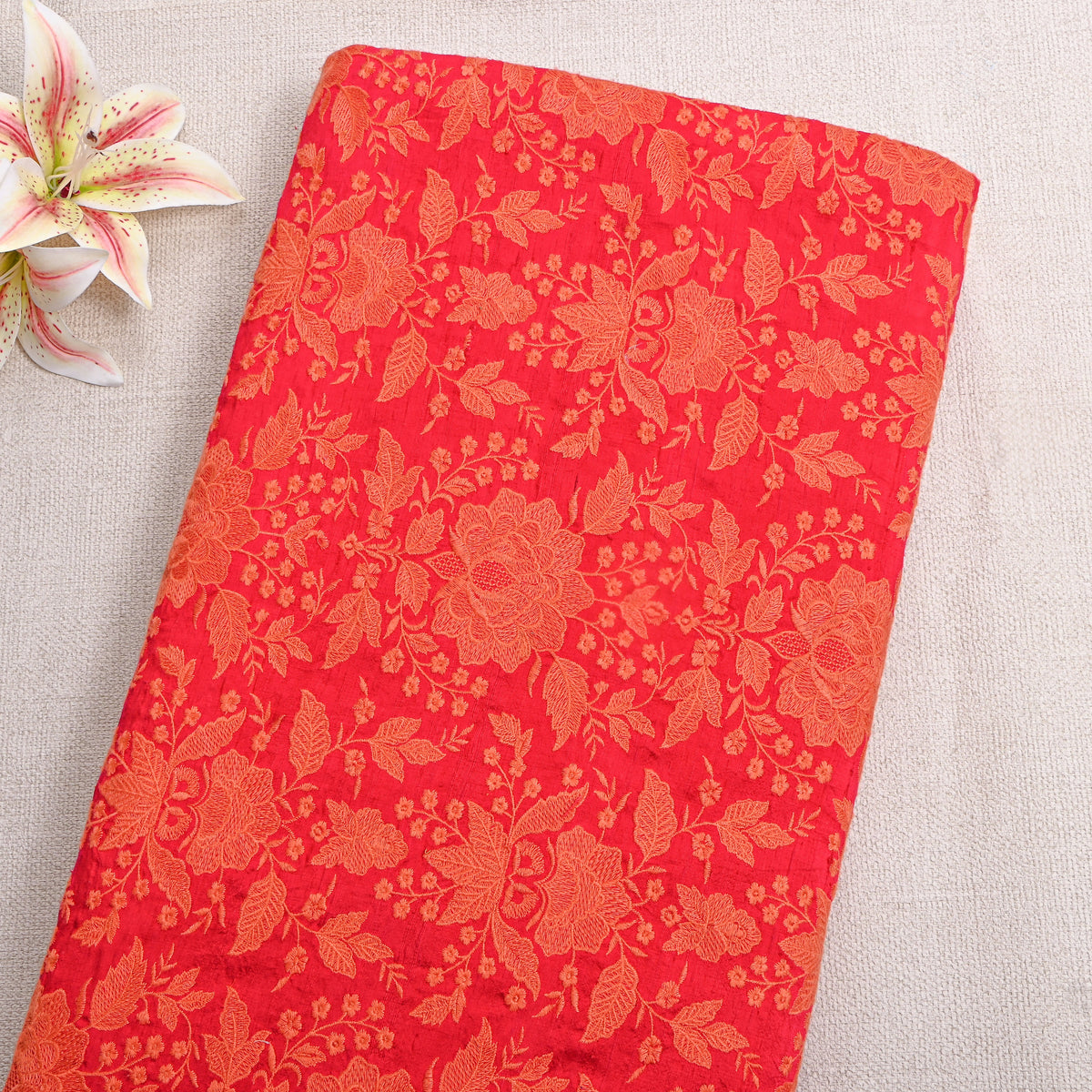 Coral Orange Raw Silk Fabric