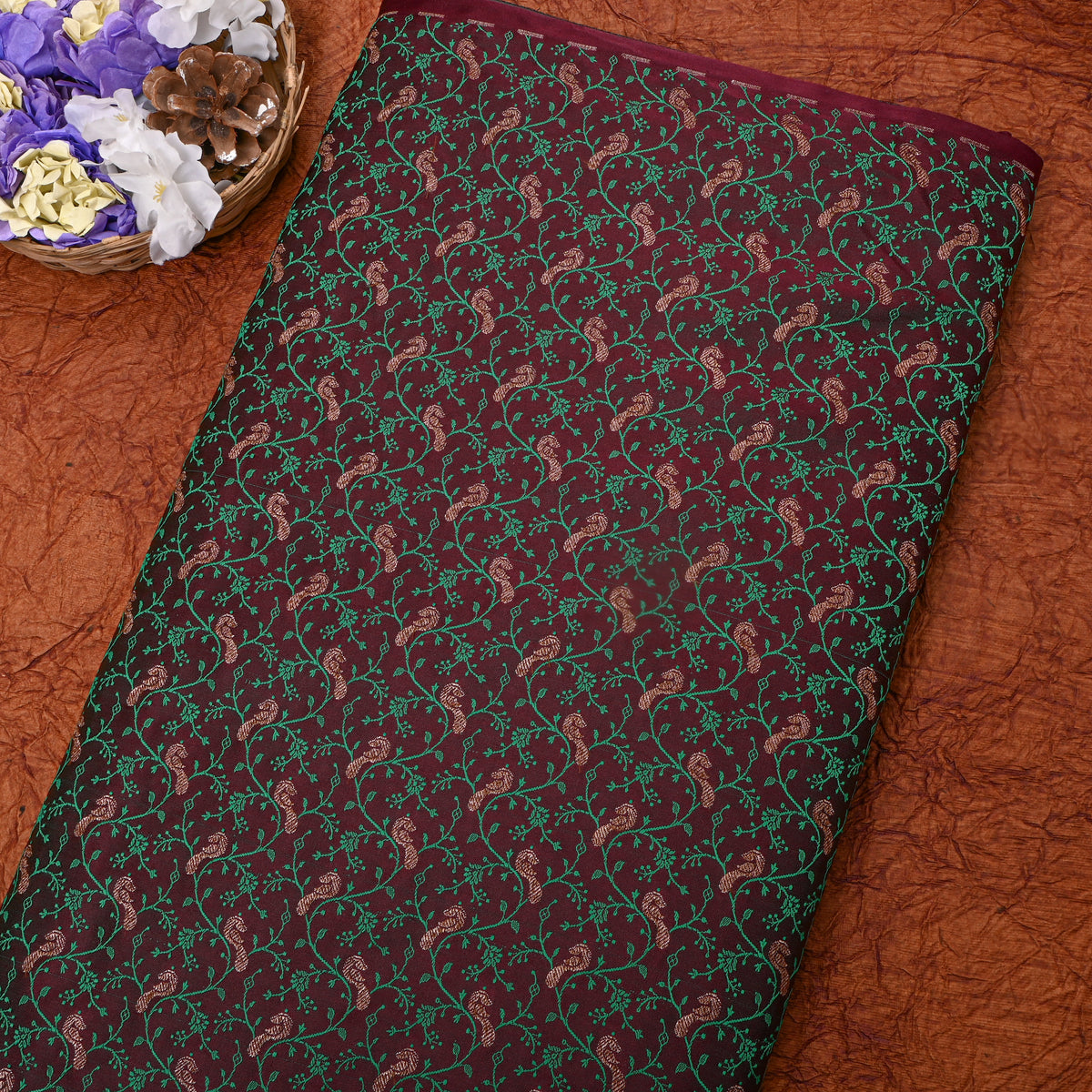 Earthly Brown Copper Zari Geometric Jaal Banarasi Silk Fabric