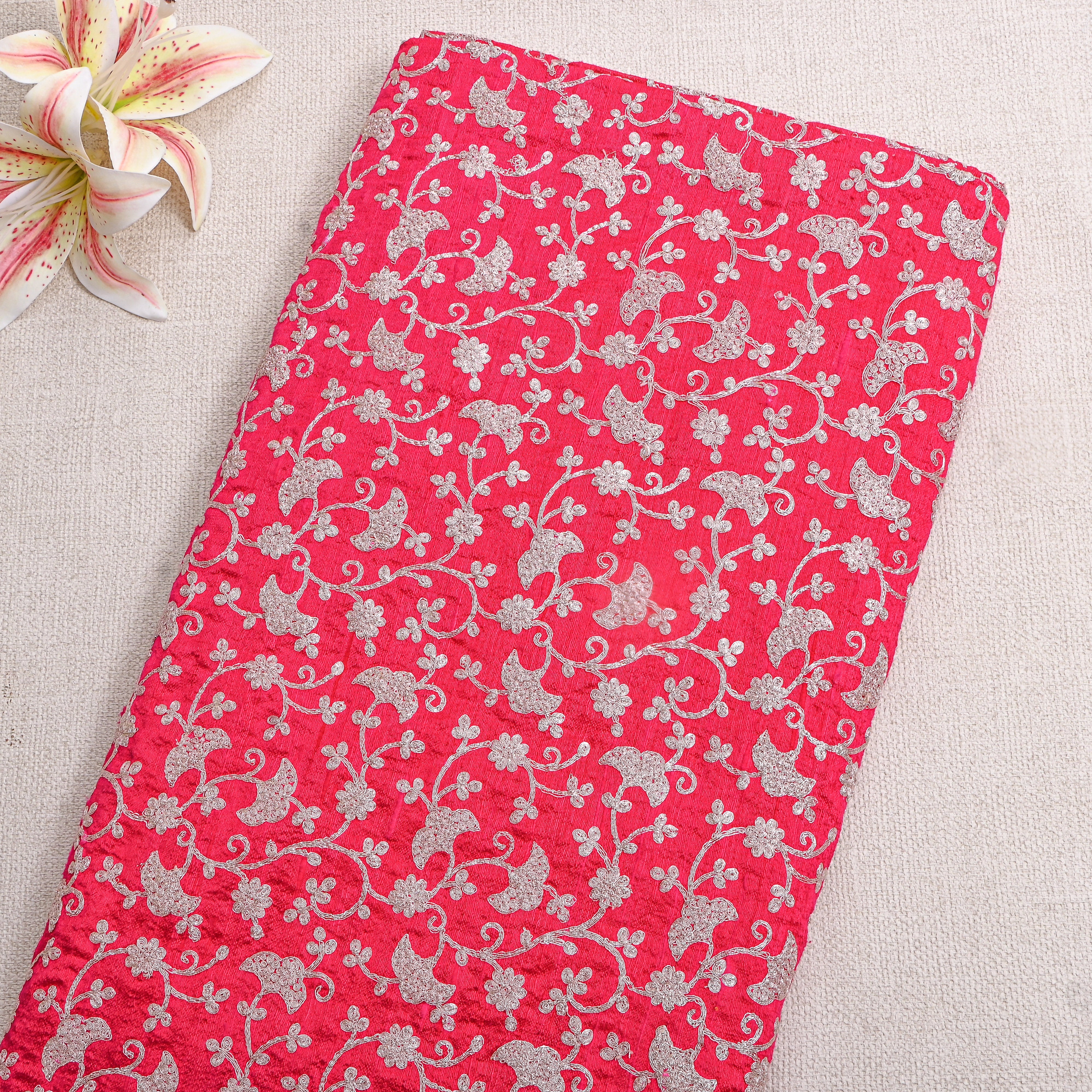 Pink Silver Zari Jaal Embroidered Raw Silk