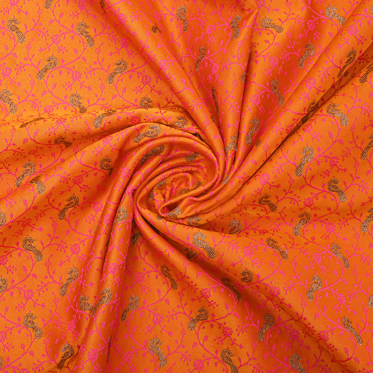 Bright Orange Gold Zari Geometric Jaal Banarasi Silk Fabric