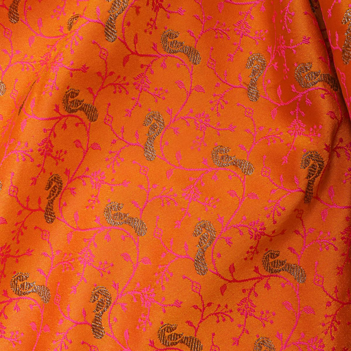 Bright Orange Gold Zari Geometric Jaal Banarasi Silk Fabric