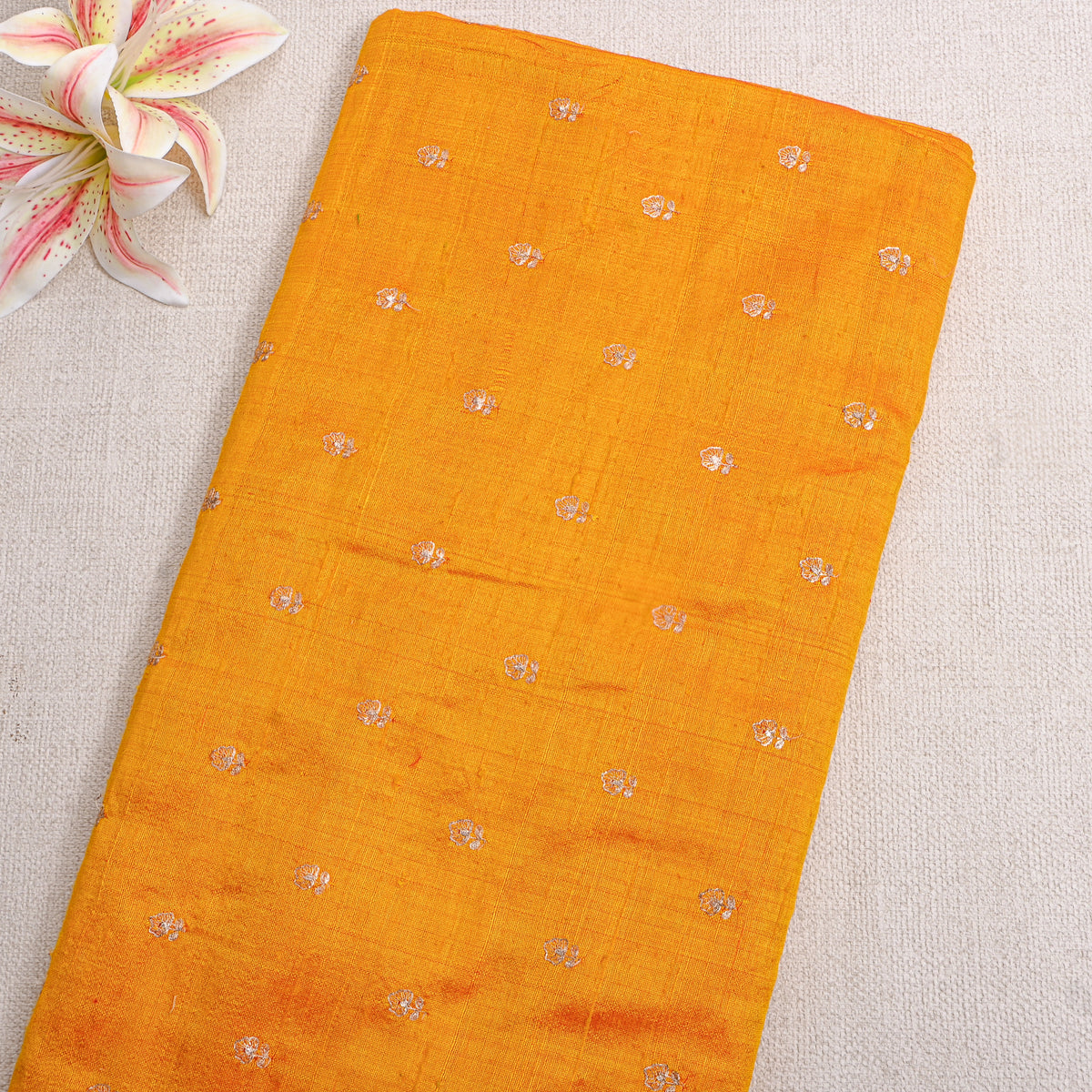 Mustard Yellow Gold Zari Butti Raw Silk Fabric