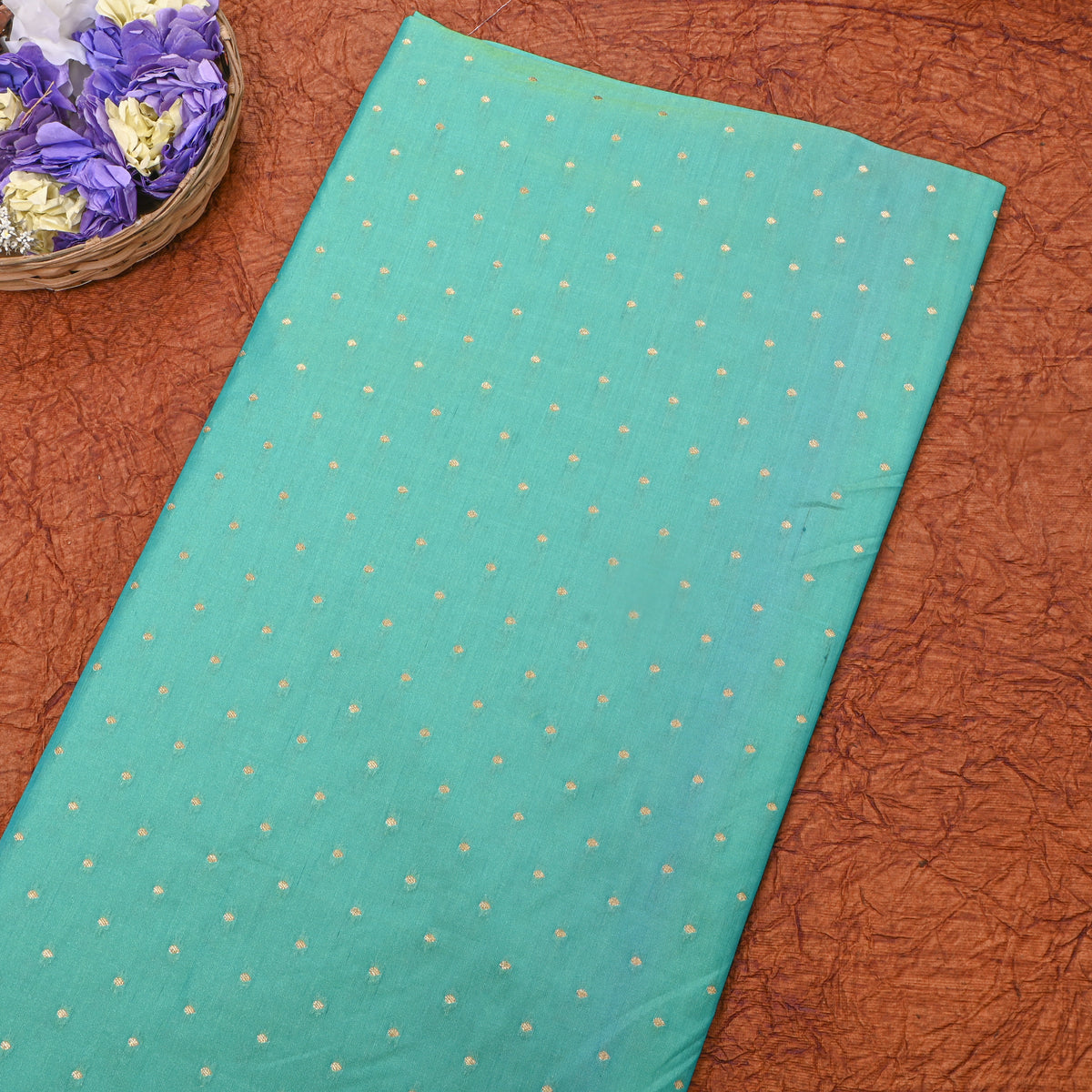 Turquoise Green Gold Zari Butti Jamawar Silk Fabric
