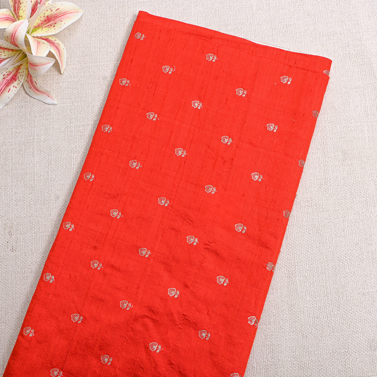 Vermilion Orange Silver Zari Butti Raw Silk Fabric