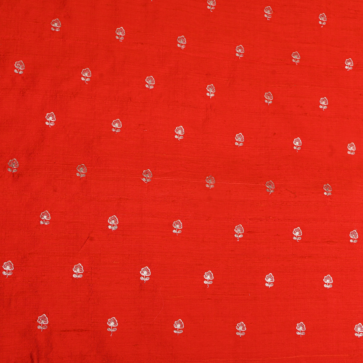 Vermilion Orange Silver Zari Butti Raw Silk Fabric