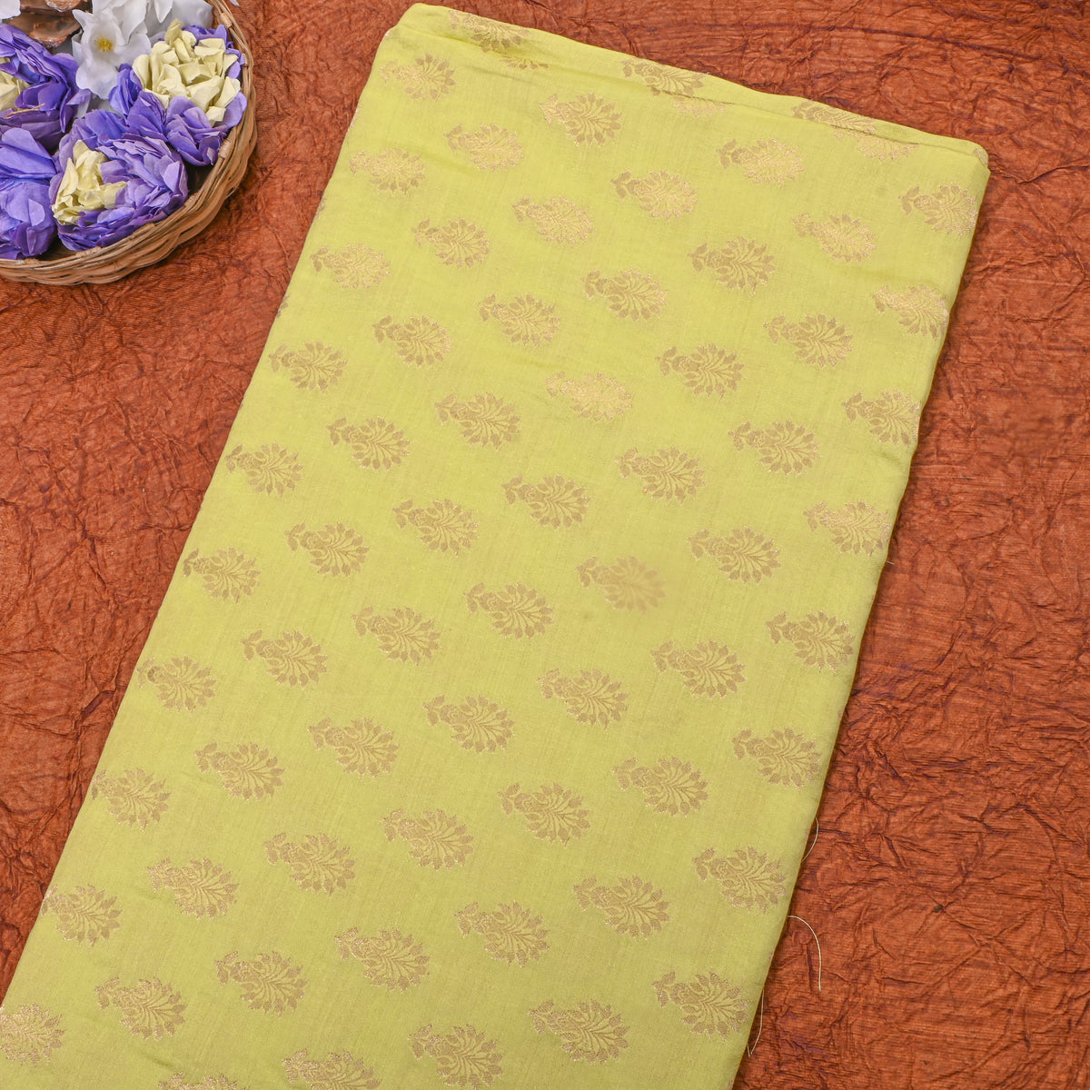 Mustard Yellow Gold Zari Butti Motif  Banarasi Silk Fabric