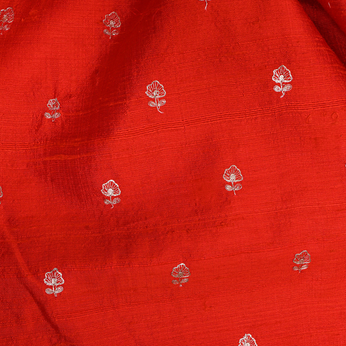 Vermilion Orange Silver Zari Butti Raw Silk Fabric