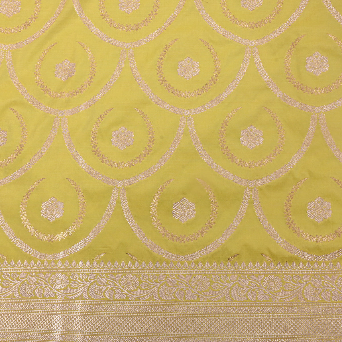 Lime Green Silver Zari Brocade Banarasi Silk Fabric
