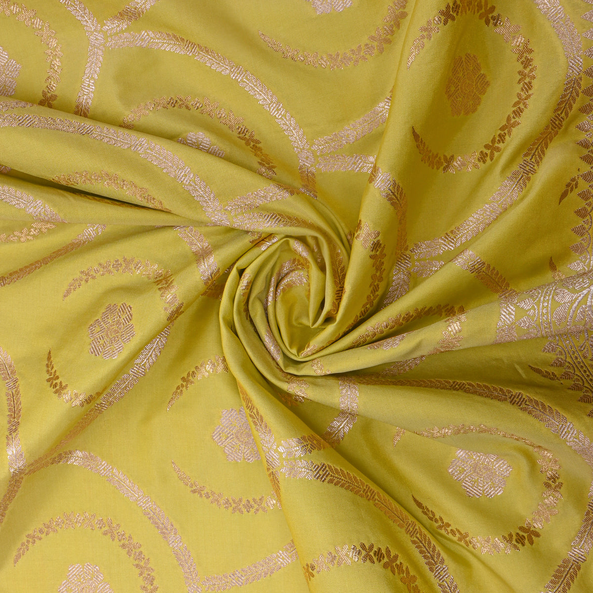 Lime Green Silver Zari Brocade Banarasi Silk Fabric