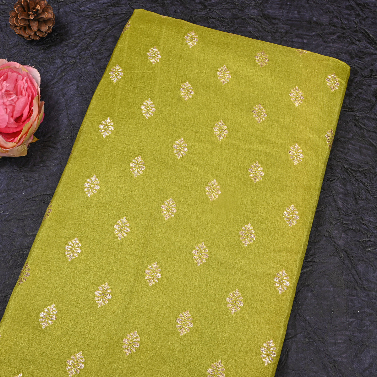Moss Green Silver Zari Butti Self Weave Jamawar Silk Fabric