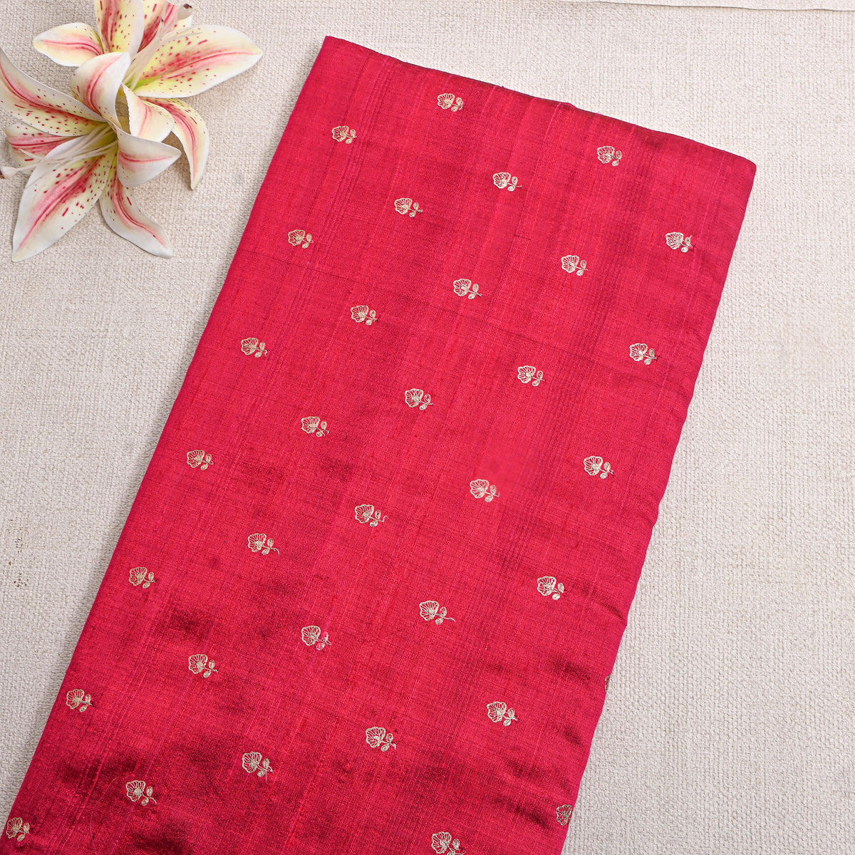 Rani Pink Silver Zari Butti Raw Silk Fabric