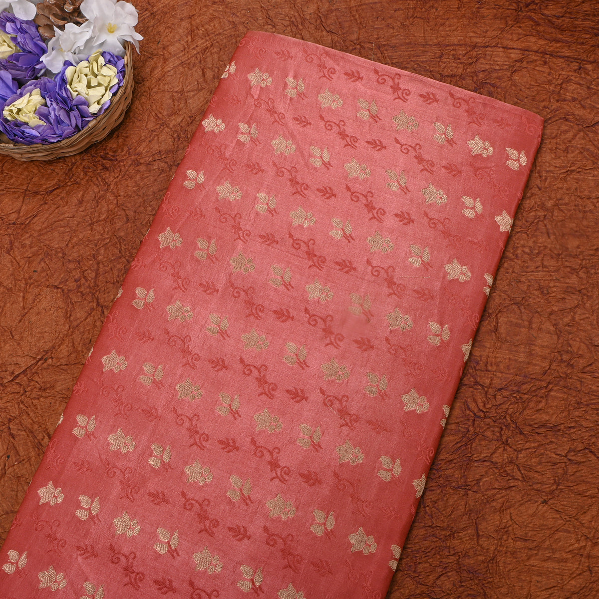Pink Gold Zari Floral Butti Jamawar Silk Fabric
