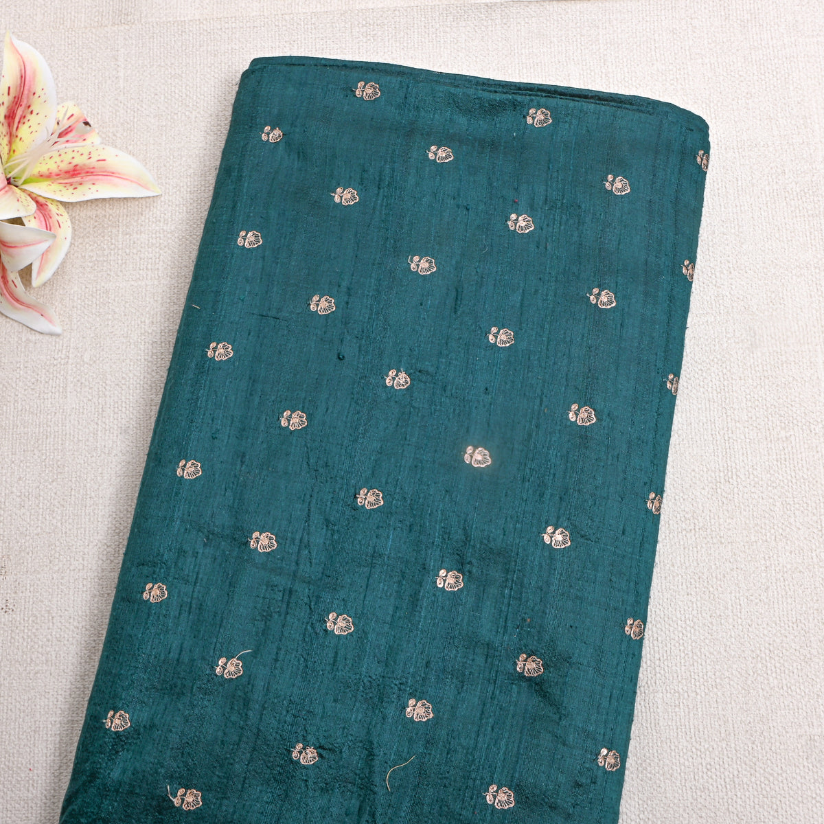 Peacock Teal Silver Zari Butti Raw Silk Fabric