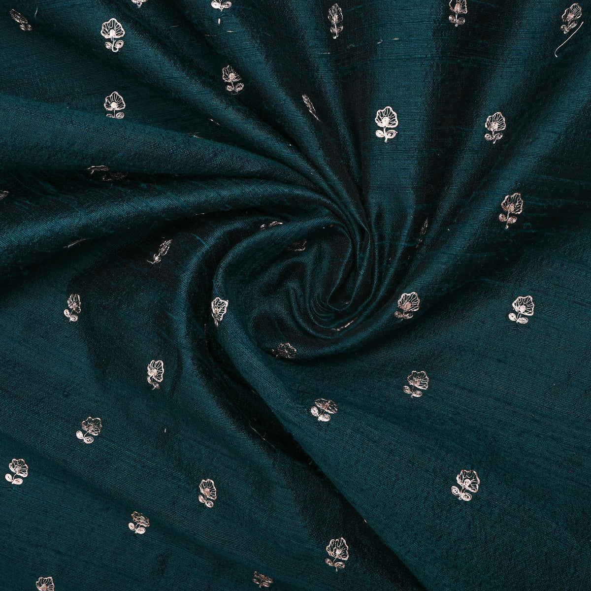 Peacock Teal Silver Zari Butti Raw Silk Fabric