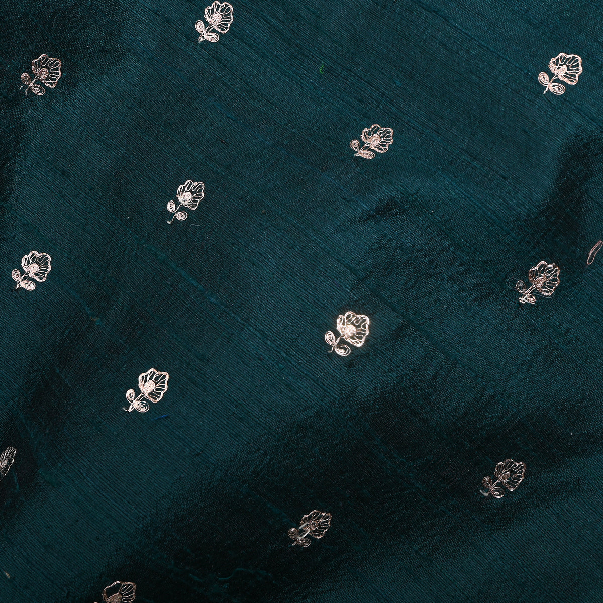 Peacock Teal Silver Zari Butti Raw Silk Fabric