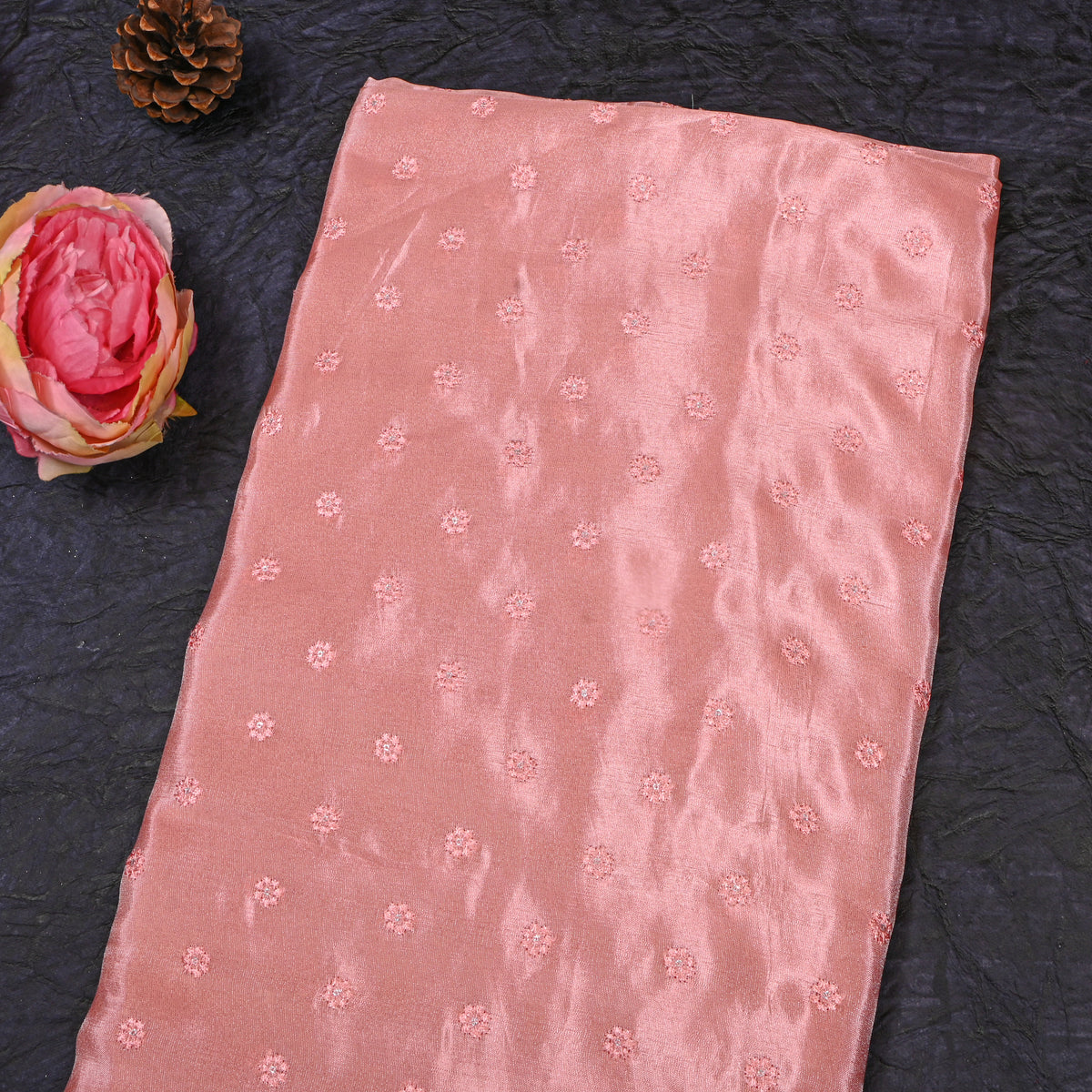 Onion Pink Floral Butti Thread Work Embroidery Tissue Fabric