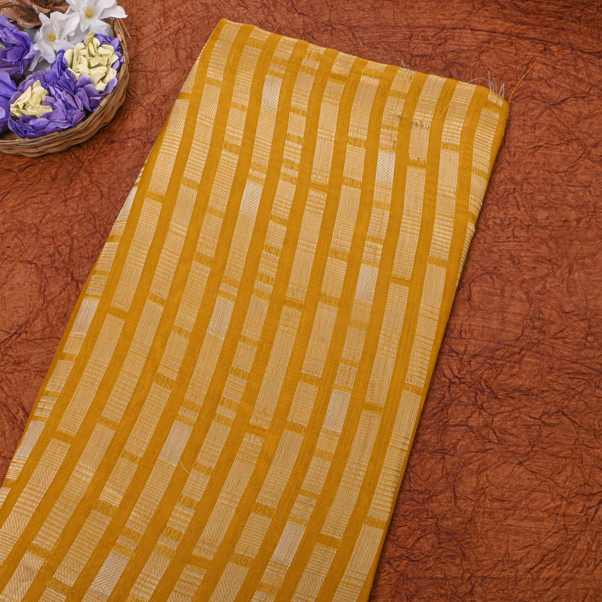 Yellow Self Gold Stripe Banarasi Silk Fabric