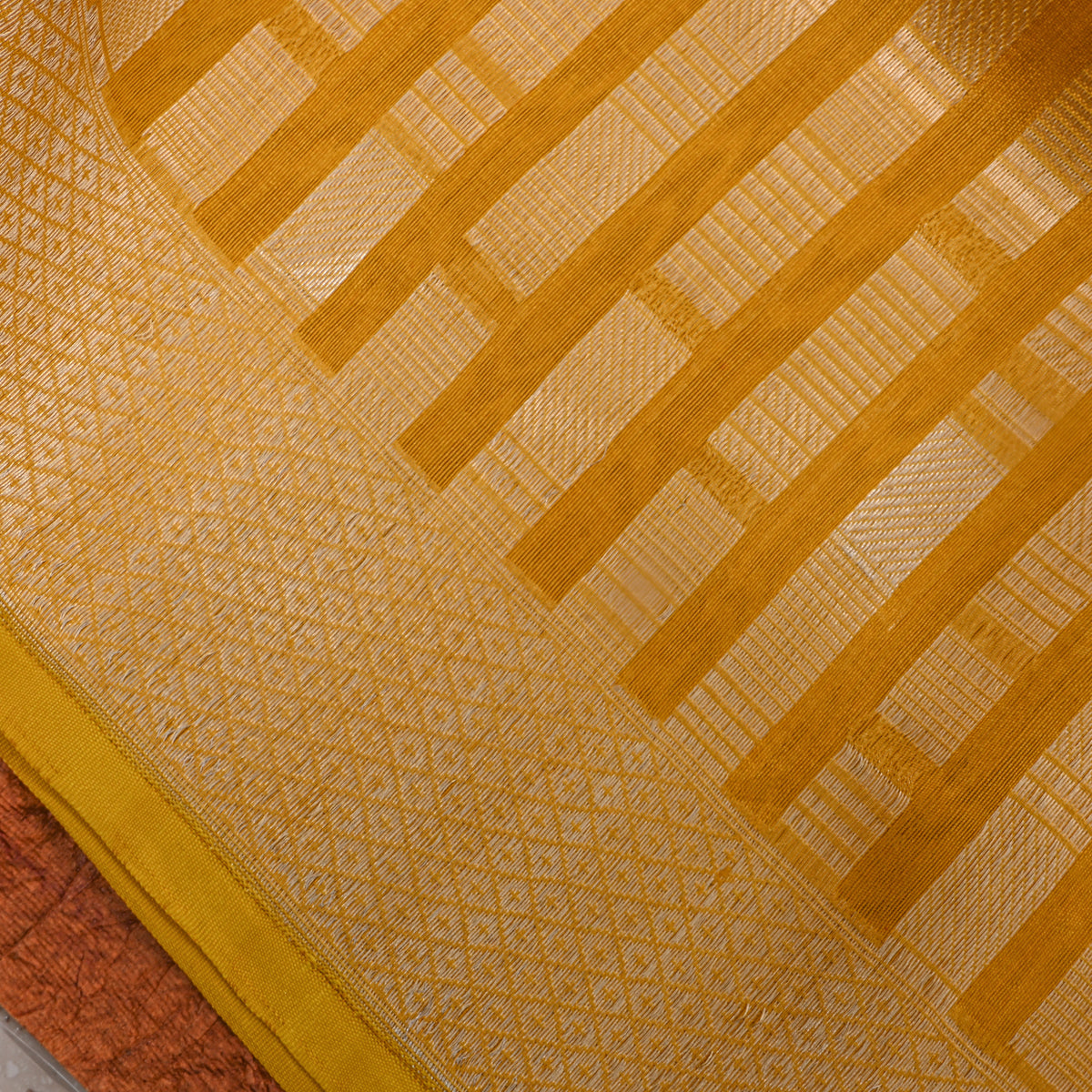 Yellow Self Gold Stripe Banarasi Silk Fabric