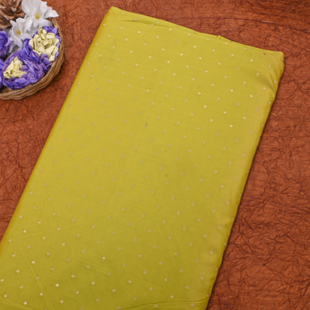 Lime Yellow Gold Zari Butti Jamawar Silk Fabric