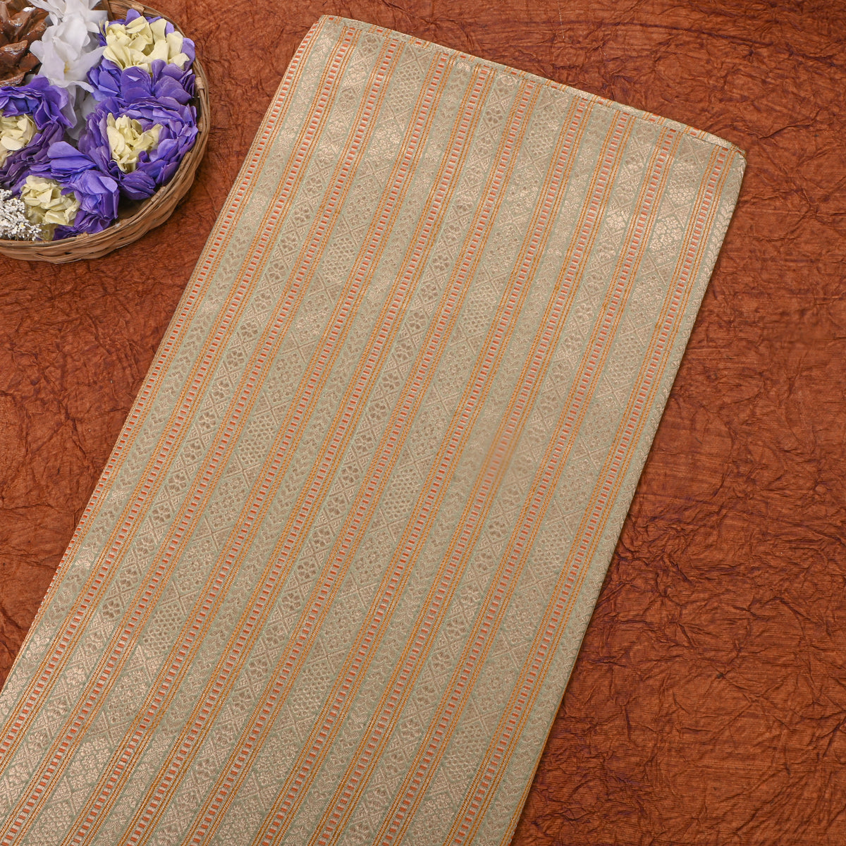 Soft Green Gold Zari Stripe Jamawar Silk Fabric