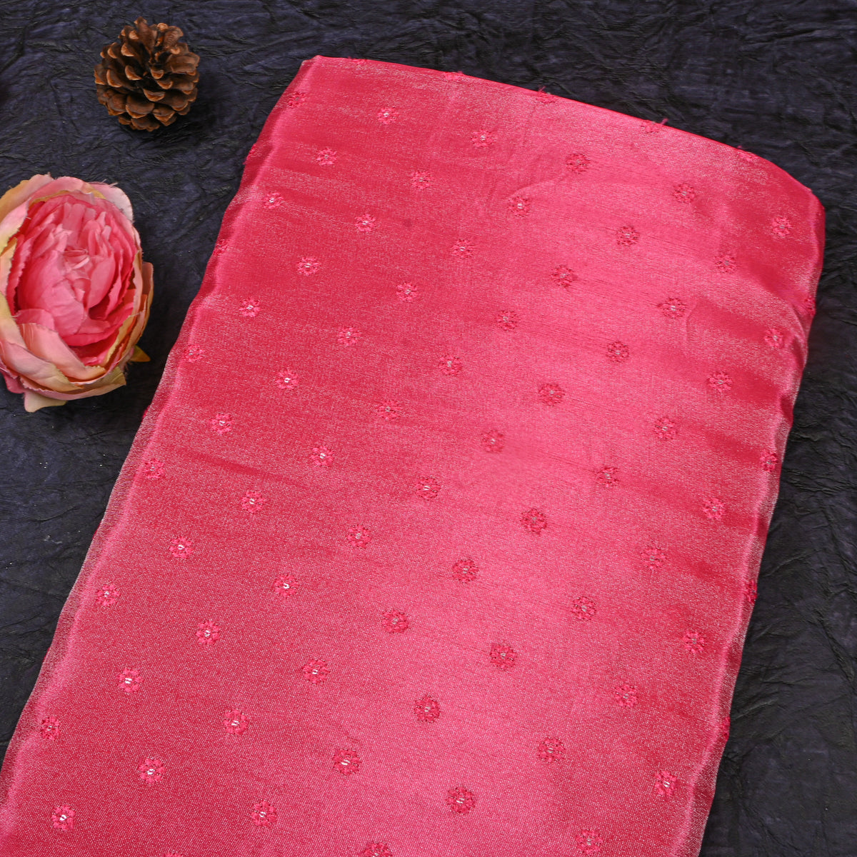 Fuchsia Floral Butti Thread Work Embroidery Tissue Fabric