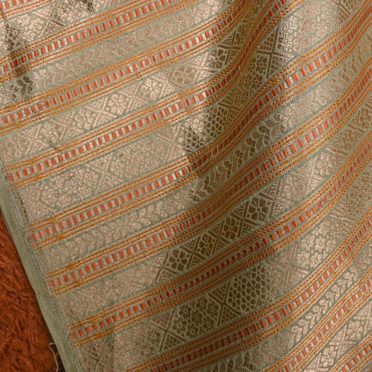 Soft Green Gold Zari Stripe Jamawar Silk Fabric