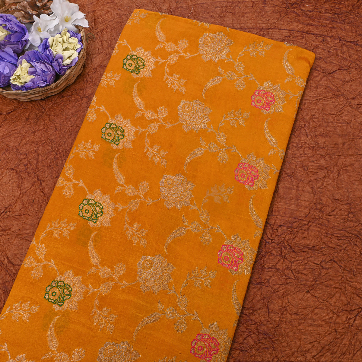 Mustard Orange Gold Zari Meenakari Floral Weave Jamawar Silk Fabric
