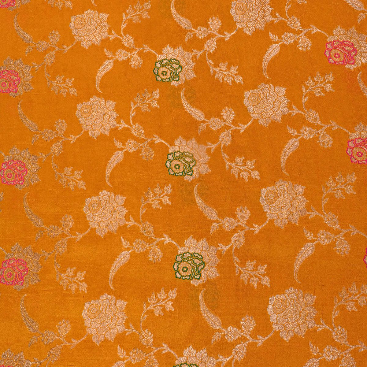 Mustard Orange Gold Zari Meenakari Floral Weave Jamawar Silk Fabric