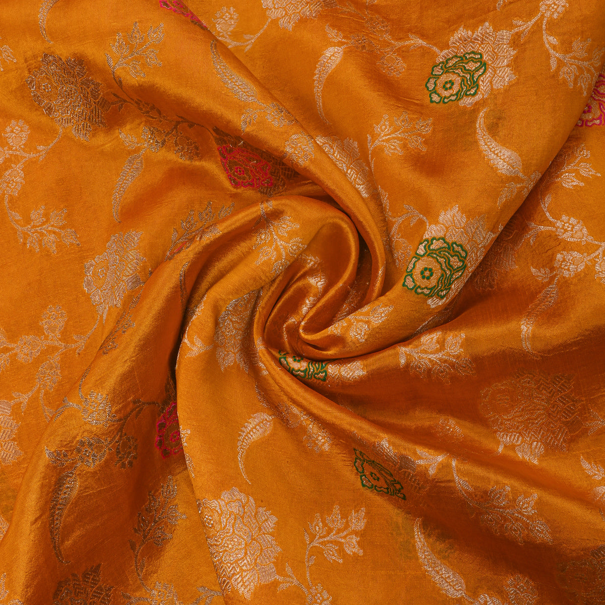 Mustard Orange Gold Zari Meenakari Floral Weave Jamawar Silk Fabric