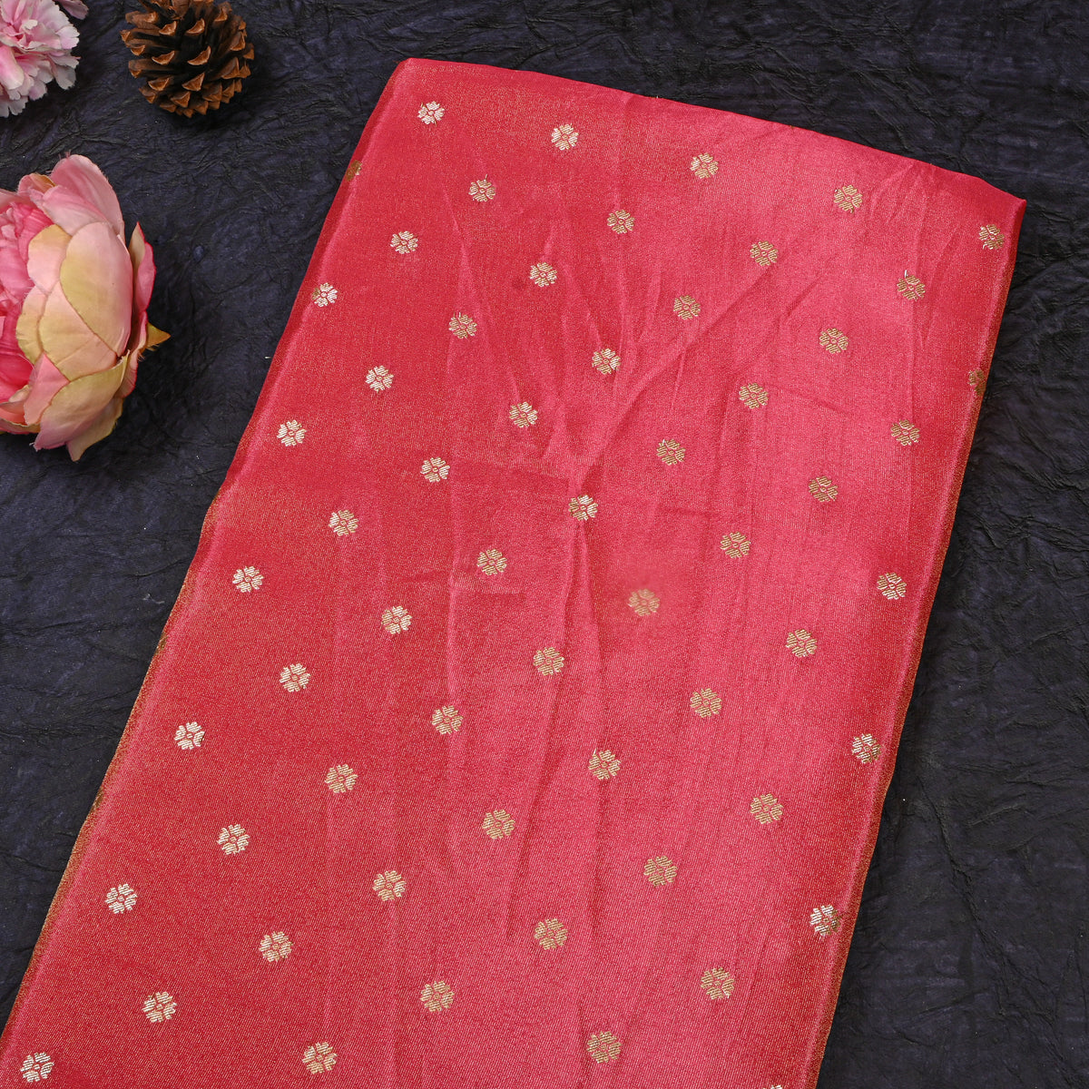 Watermelon Pink Gold Zari Floral Butti Self Weave Jamawar Tissue Fabric