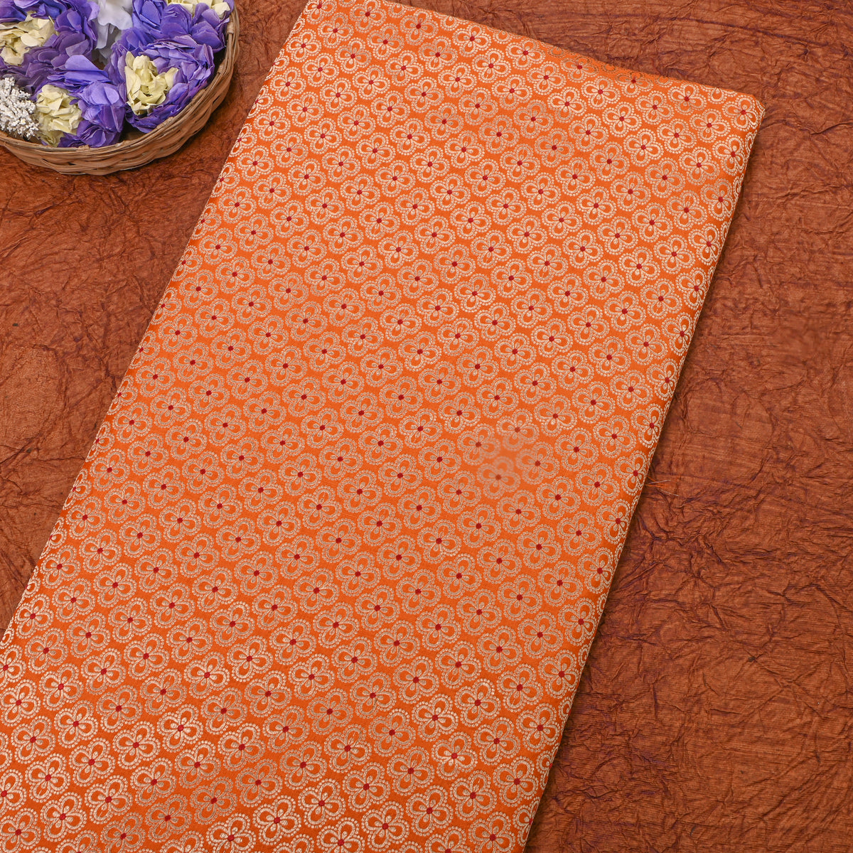 Orange Gold Floral Butti Jamawar Silk Fabric