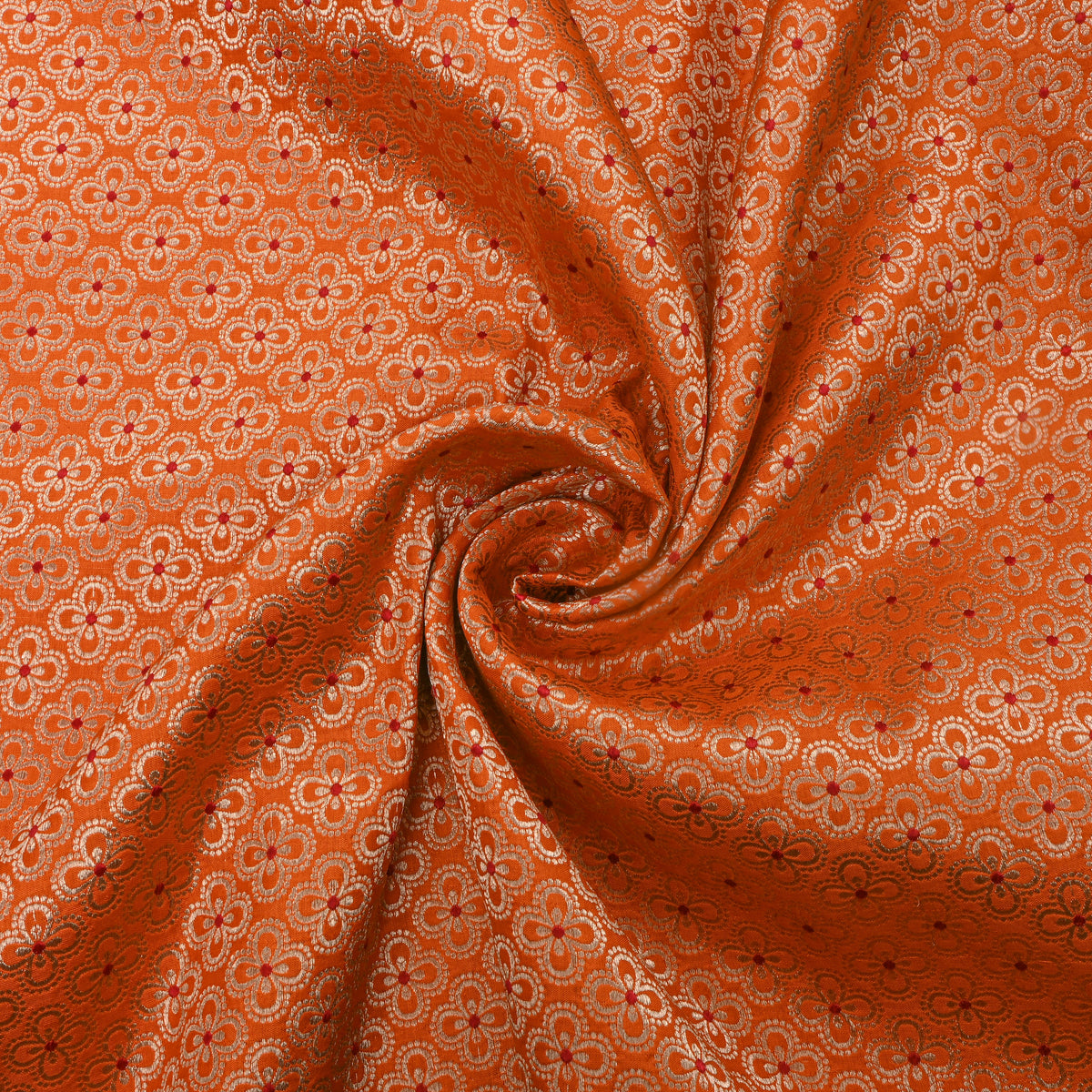 Orange Gold Floral Butti Jamawar Silk Fabric