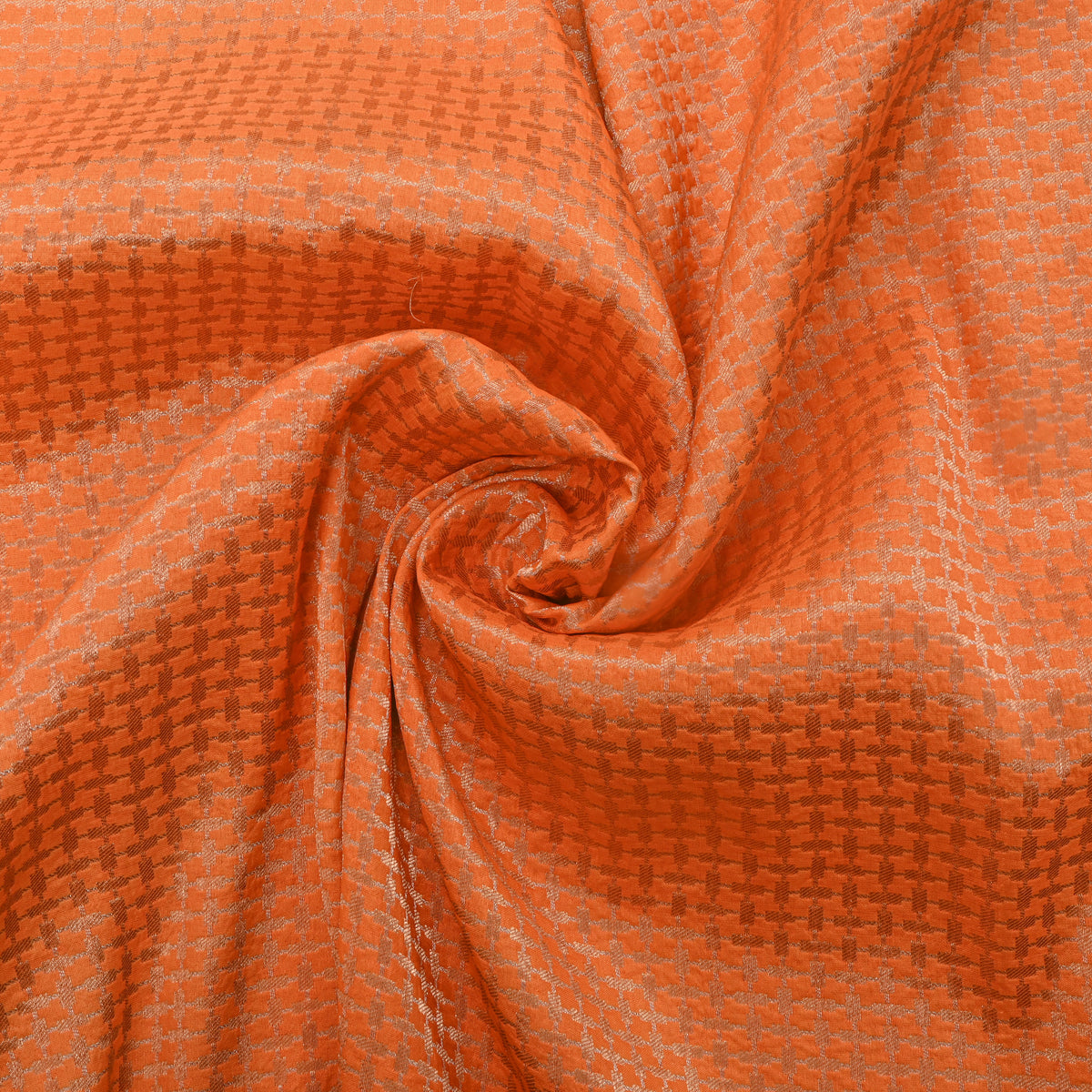 Terracotta Orange Gold Zari Micro Checks Brocade Banarasi Silk Fabric