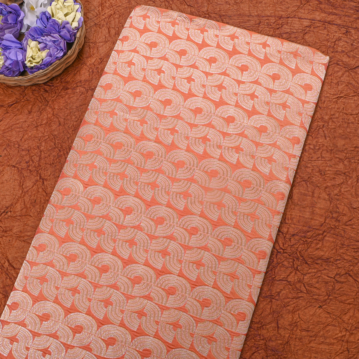 Tangerine Orange Dual Tone Geometric Weave Jamawar Silk Fabric