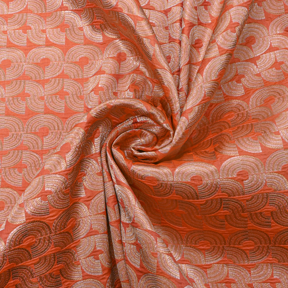 Tangerine Orange Dual Tone Geometric Weave Jamawar Silk Fabric