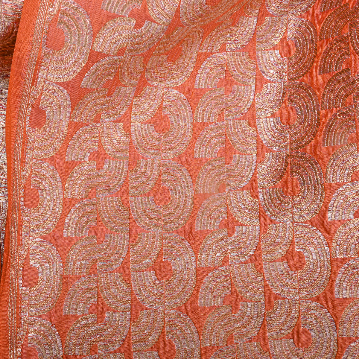 Tangerine Orange Dual Tone Geometric Weave Jamawar Silk Fabric