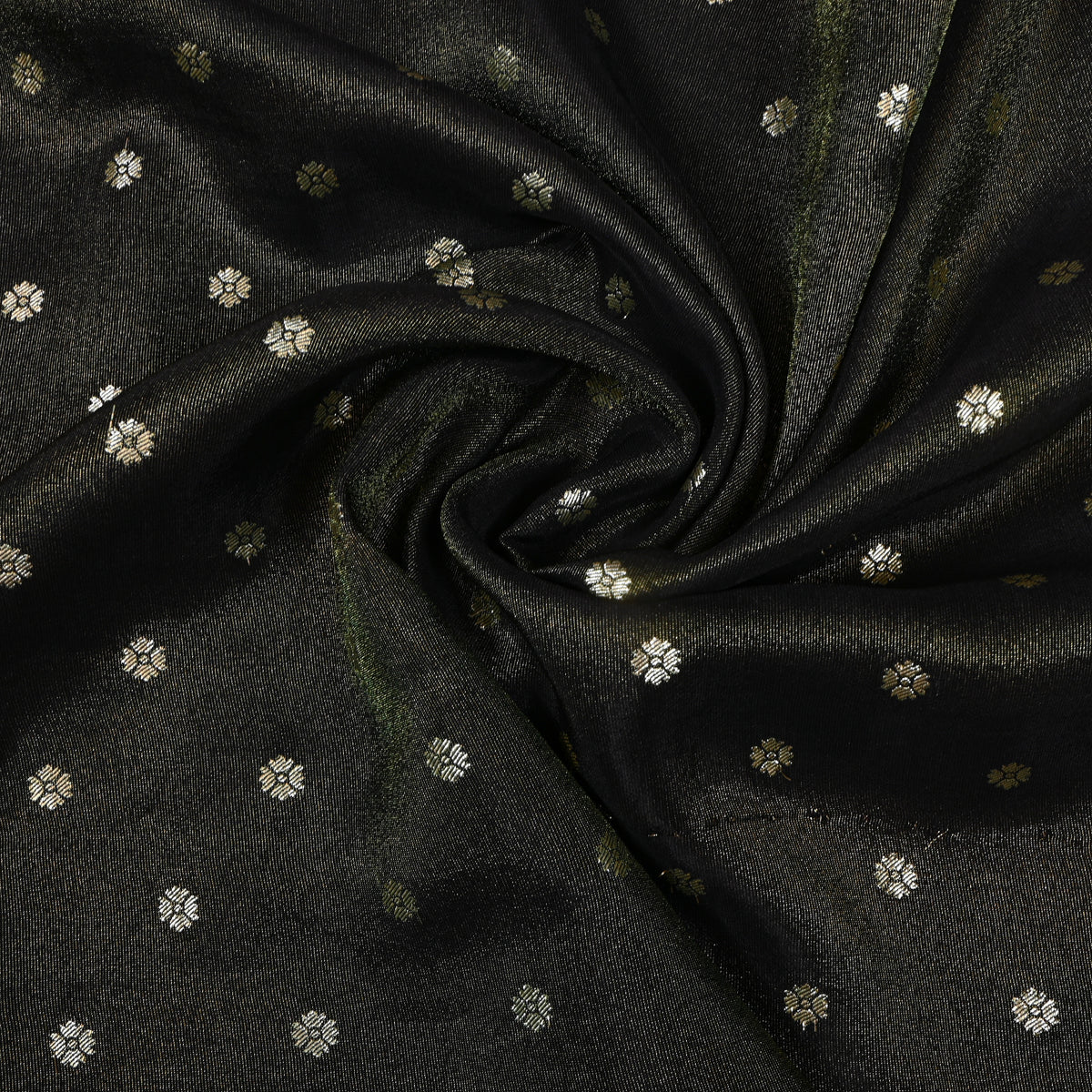 Jet Black Gold Zari Floral Butti Self Weave Jamawar Tissue Fabric