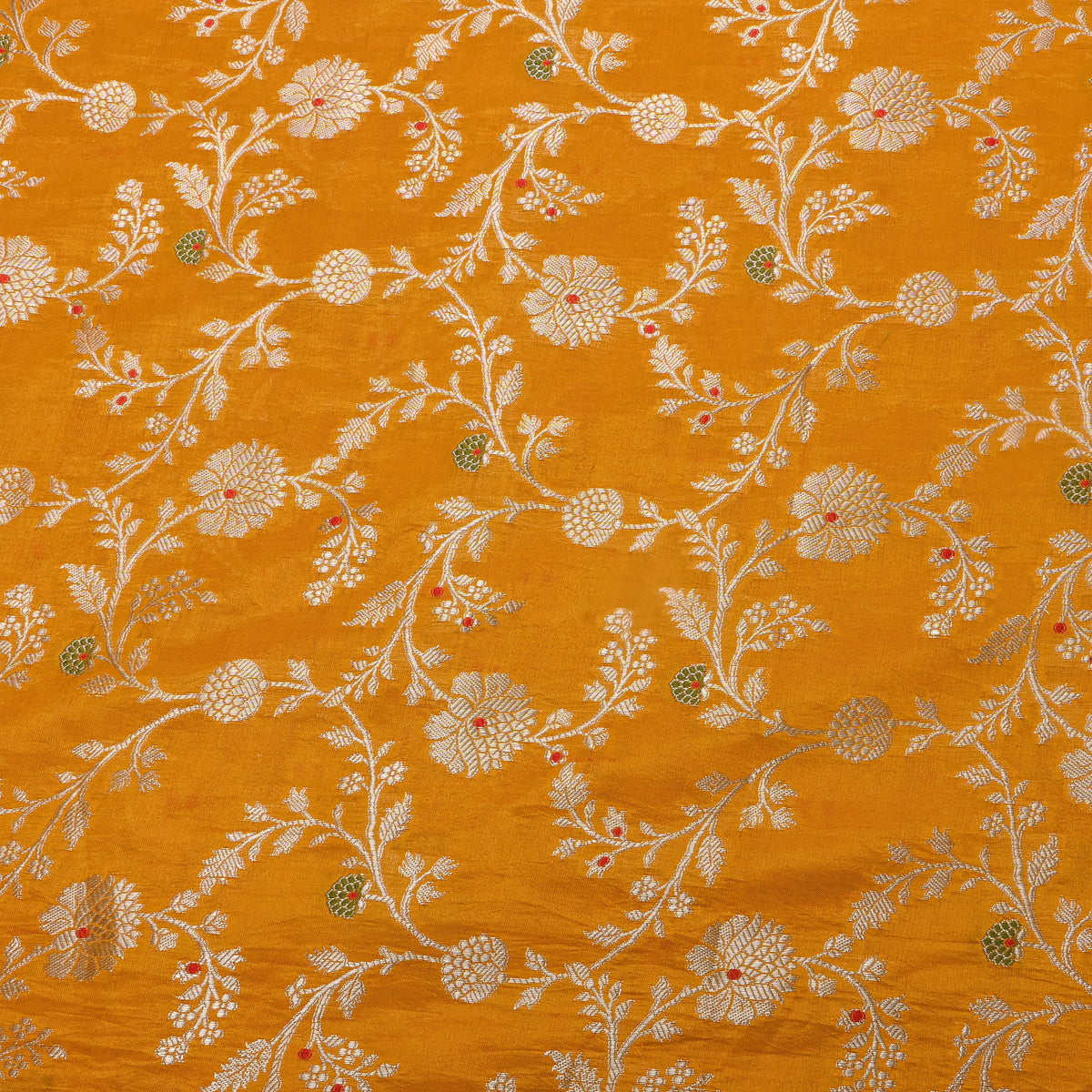 Sun Yellow Self Weave Floral Jall Banarasi Silk Fabric