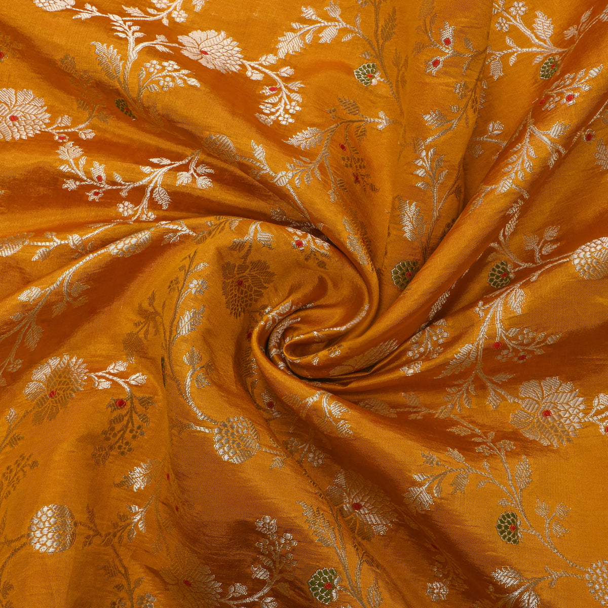 Sun Yellow Self Weave Floral Jall Banarasi Silk Fabric